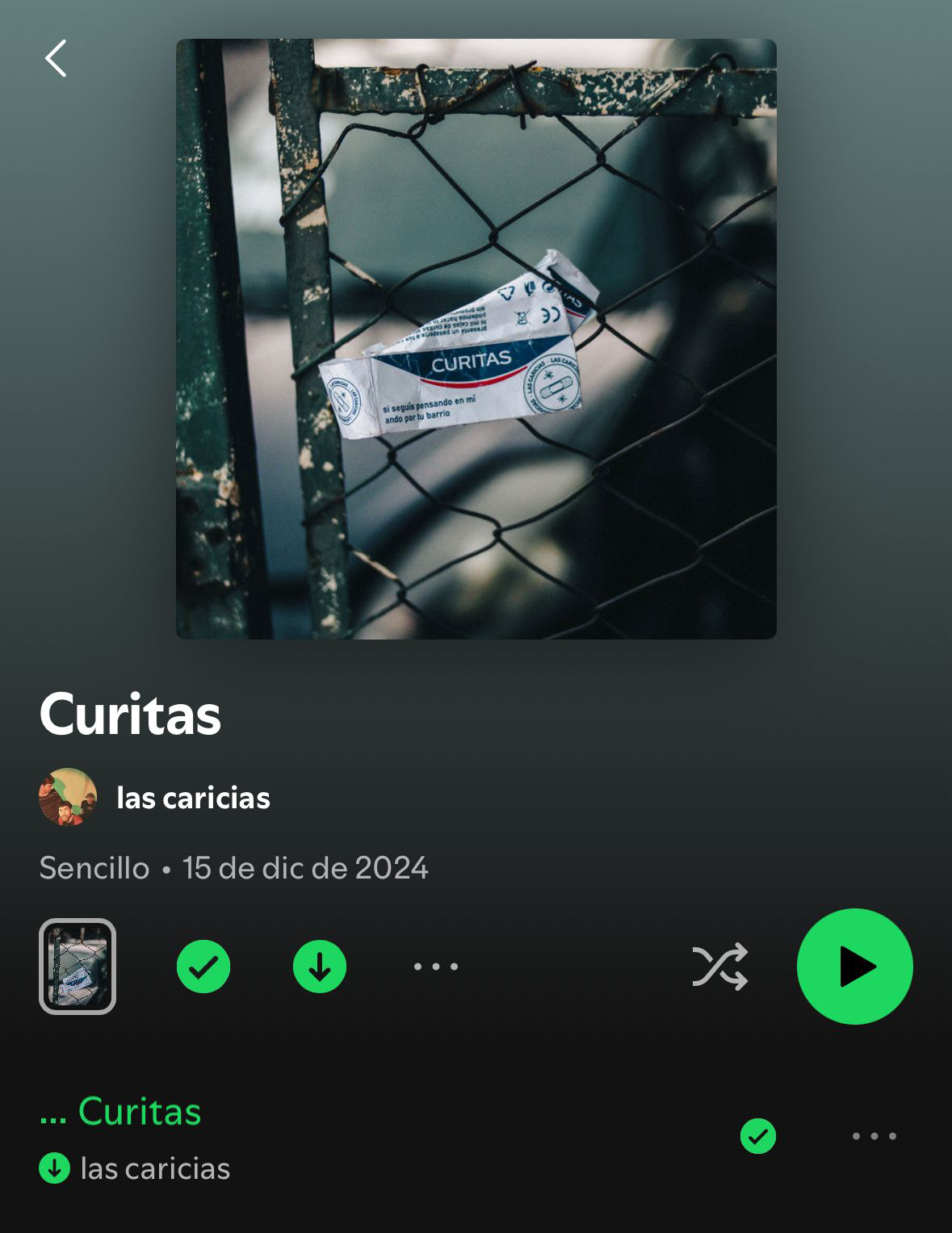 Screen de album Curitas de la banda 'Las Caricias' en spotify