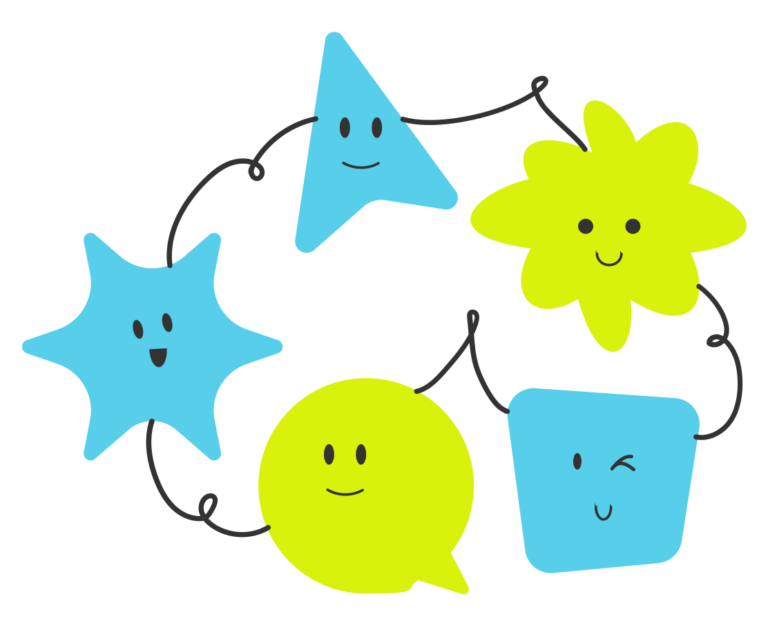 Ilustración de personajes representando los servicios de Fika Estudio trabajando de manera integrada